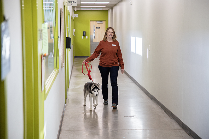 Marit Ortega walking a dog down a hallway at the Tri-County Humane Society